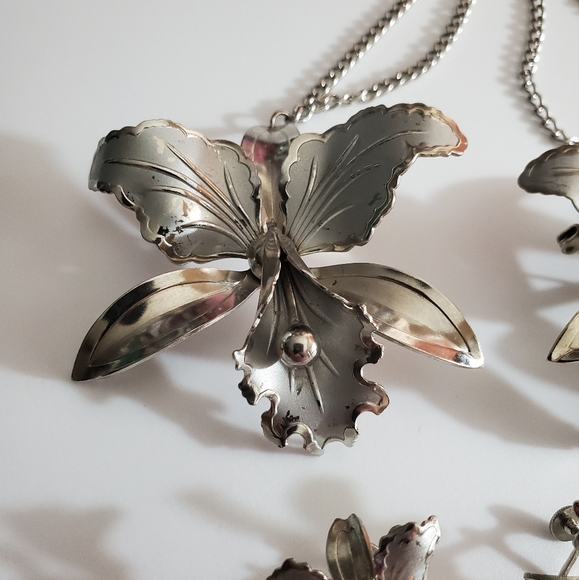 Coro Vintage 40's 50's orchid iris Parure set brooch earrings necklace silver - Picture 3 of 16